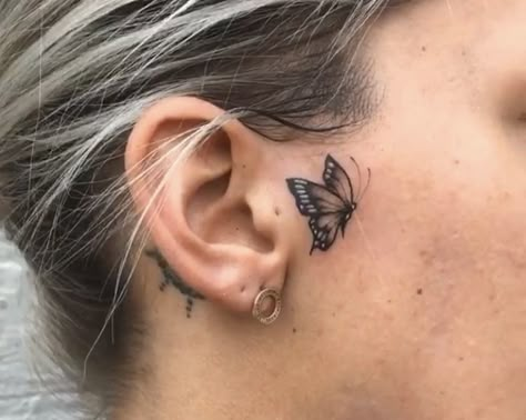 Cute Small Face Tattoos For Women, Neck Tattoos Women Throat Butterfly, Side Burn Tattoos, Butterfly Face Tattoo, Personal Tattoos, Small Face Tattoos, Hairline Tattoos, Face Tats, Face Tattoos For Women