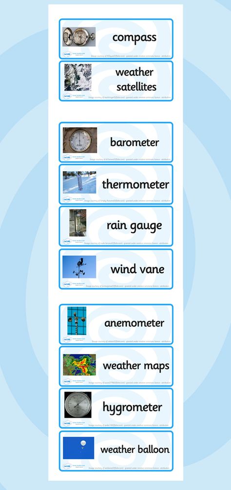 Weather Instrument Word Cards. Free Printable. KS2 Weather Instruments Project, Weather Experiments For Kids, First Grade Weather, Weather Unit Study, Weather Experiments, Teaching Weather, Weather Tools, Weather Satellite, Weather Balloon