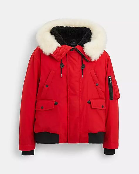 COACH® | Short Parka Coach Jackets, Winter Jacket Men, Coach Outlet, Solid Red, Coach Jacket, Parka Jacket, Red Jacket, Men Winter, Fur Trim