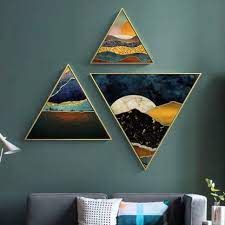 TIED RIBBONS Set of 3 Canvas Triangle Wall Painting Stretched with Wooden Frame on Back for Triangle Painting, Oil Painting Living Room, Living Room Artwork, Paint Chip Art, String Wall Art, Triangle Art, Room Artwork, Hallway Wall Decor, Round Canvas