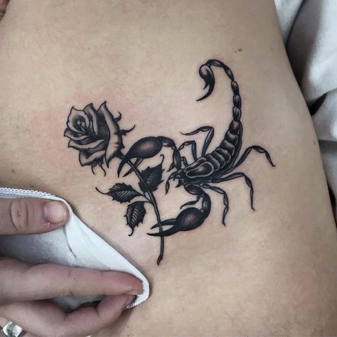 Scorpion and rose by Al Pomeroy #AlPomeroy #oldschool #traditional #blackandgrey #scorpion #rose #animal #nature #flower #leaves #tattoooftheday | Dec 2nd 2017 | 441166 Infected Tattoo, 16 Tattoo, Scorpio Tattoo, Scorpion Tattoo, Zodiac Tattoos, Arrow Tattoos, Lip Tattoos, Dope Tattoos, Trendy Tattoos