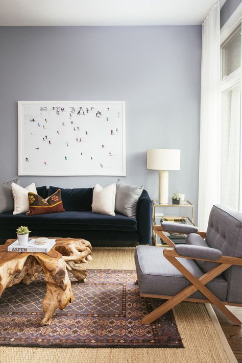 Blue Grey Living Room, Grey Walls Living Room, Small Sectional Sofa, Moore House, Side Tables Bedroom, Faux Fireplace, Custom Drapes, Blue Living Room, Living Room Grey