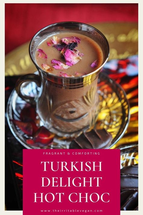 Turkish tea glass filled with hot chocolate sprinkled with rose petals Rose Hot Chocolate, Hot Smoothie, Romantic Drinks, Edible Rose Petals, Vegan Hot Chocolate, Vegan Blog, Hot Chocolate Recipe, Vegan Drinks, Low Fodmap Recipes