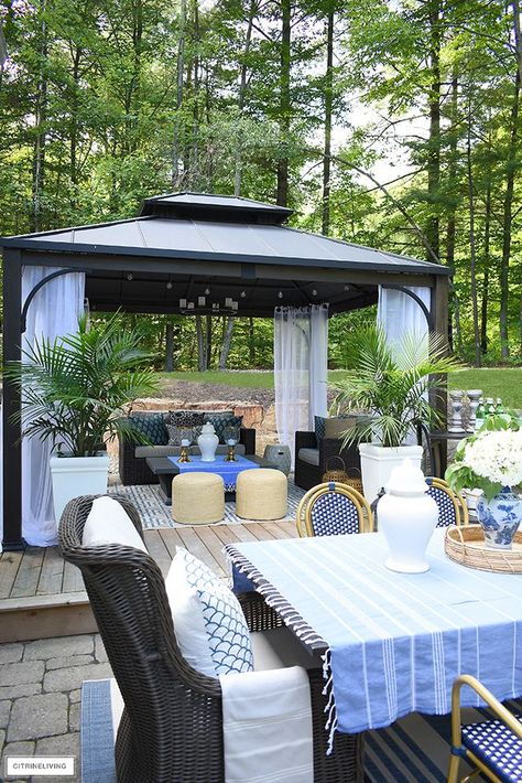 Back Deck Entertaining Area, Home Decorating Ideas Living Room, Patio Under Decks, Gazebo Decorations, Space Lighting, Patio Layout, Backyard Gazebo, Outdoor Entertaining Spaces, Outdoor Room