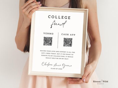 Graduation QR Code Sign, College Fund QR code Canva, Venmo QR Code Modern College Fund Sign, Modern Minimalist Grad Party Template, BW13 https://etsy.me/3LSsyu3 #collegefund #graduategiftideas #cashapp #modernminimalist #scantopaysign #applepaysign #venmopayments Graduation Gift Table, Western Invitations, Graduation Party Pictures, College Grad Party, Senior Graduation Party, Qr Code Sign, Graduation Open Houses, Grad Announcements, Graduation Party Planning