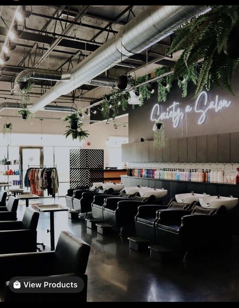 Salon Backbar Ideas Shampoos, Shampoo Bowl Area, Industrial Hair Salon, Industrial Salon Decor, Salon Shampoo Area, Salon Decor Studio, Scandi Farmhouse, Salon Reception Area, Hair Salon Interior Design