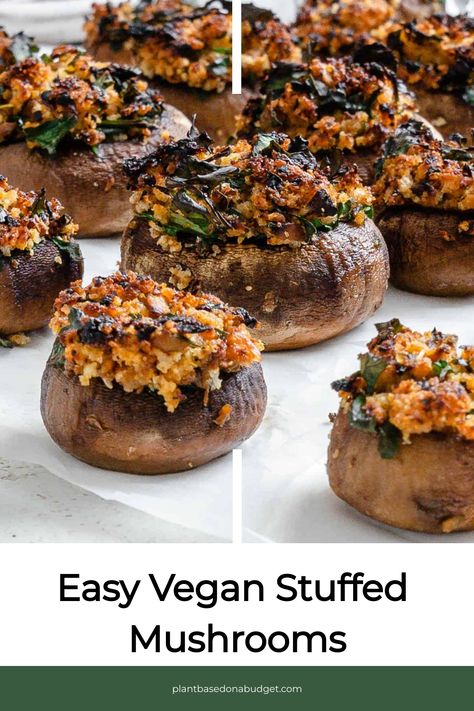 This Easy Vegan Stuffed Mushrooms are so delicious and perfect for dinner parties and those who love mushrooms! They only take 10 minutes of prep and are so tasty once ready! Make these Easy Vegan Stuffed Mushrooms for your next dinner! Dairy Free Stuffed Mushrooms, Stuffed Mushrooms Vegan, Vegetarian Stuffed Mushrooms, Vegan Appetizers Easy, Gluten Free Stuffed Mushrooms, Baked Stuffed Mushrooms, Easy Stuffed Mushroom Recipe, Stuffed Mushrooms Vegetarian, Mushroom Recipes Vegan