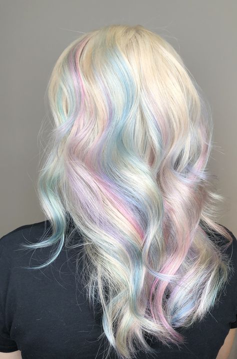 Pastel rainbow hair Pastel Holographic Hair, White Hair With Rainbow Highlights, Pastel Mint Hair, Blonde Pastel Hair, Pastel Hair Aesthetic, Opalescent Hair, Blonde Hair With Color, Opal Hair Color, Pastel Hair Dye