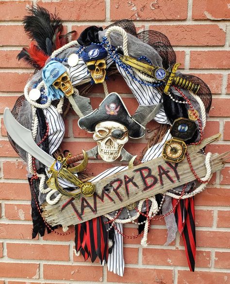 Bay Wreath, Pirate Wreath, Themed Wreaths, Rays Logo, Team Theme, Blue Fabrics, Pirate Treasure, Gold Skull, Navy Blue Fabric