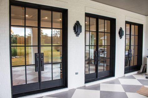 Tuscan Doors & Tuscan Iron Entries | Suncoast Iron Doors Glass Exterior Door Patio, Black Glass Patio Doors, Black Iron French Doors Exterior, Black Outdoor French Doors, Black Iron French Doors, Exterior Glass French Doors, Patio With French Doors, Metal Patio Doors, Iron French Doors Patio