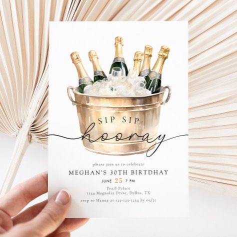 $2.92 | Watercolor Champagne Sip Sip Hooray Birthday Party #birthday party invitations, sip sip hooray, champagne, gold, modern, wine adult birthday invite, watercolor, elegant, calligraphy script, unique trendy chic Bubbly Birthday Party, Champagne 40th Birthday Party, Champagne Birthday Ideas Themed Parties, Champagne Party Ideas Decorations, Champagne Theme Birthday Party, Champagne Birthday Ideas, Champagne Birthday Party Theme, Champagne Theme Party, Champagne Birthday Party