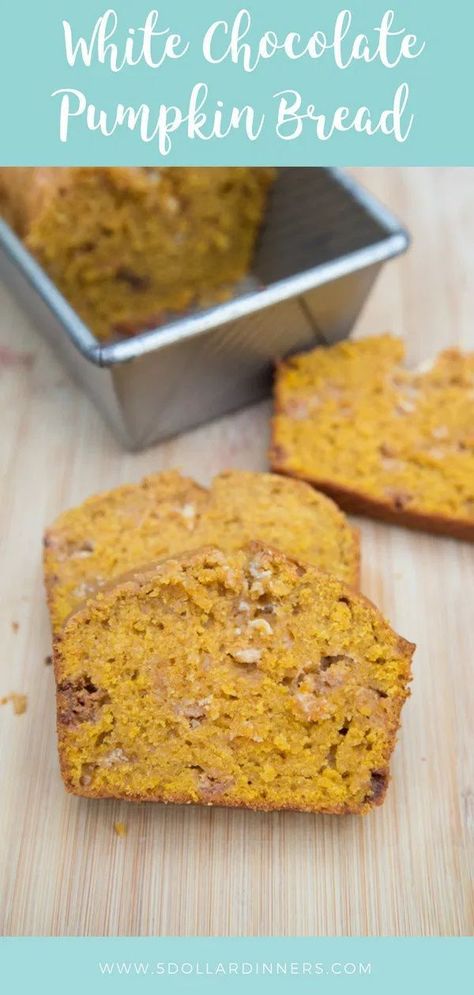 Fall is just around the corner and this amazing baking recipe will be a winner! White Chocolate Pumpkin Bread is the perfect breakfast, snack or dessert to add to your menu! Dollar Dinners, White Chocolate Bread, Chocolate Pumpkin Bread, Desserts With Chocolate Chips, White Chocolate Recipes, Dinners Recipes, Chocolate Pumpkin, 5 Dollar, Chocolate Bread