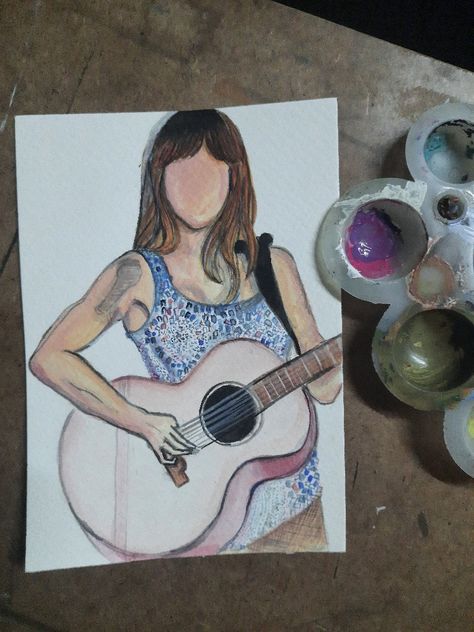 Fan art of Taylor eras tour outfit Taylor Swift Gcse Art, Taylor Swift Eras Tour Painting, Taylor Swift Eras Tour Drawing, Watercolor Art Taylor Swift, Taylor Swift Art Ideas Easy, Taylor Swift Acrylic Painting, Taylor Swift Watercolor Paintings, Taylor Swift Sketch Easy, Taylor Swift Inspired Drawings