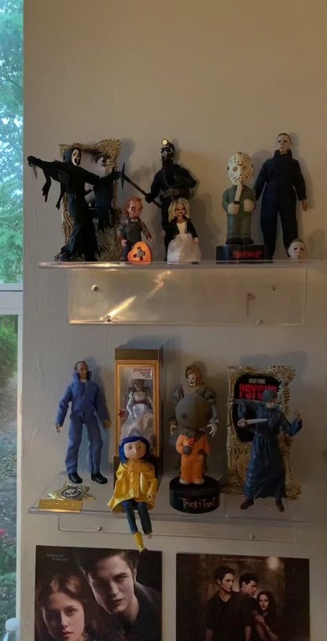 Horror collection Movie Collection Room, Horror Collection Room, Horror Movie Bedroom, Horror Shelf, Horror Room Aesthetic, Horror Themed Room, Horror Bedroom Ideas, Horror Movies Aesthetic, Horror Room Ideas