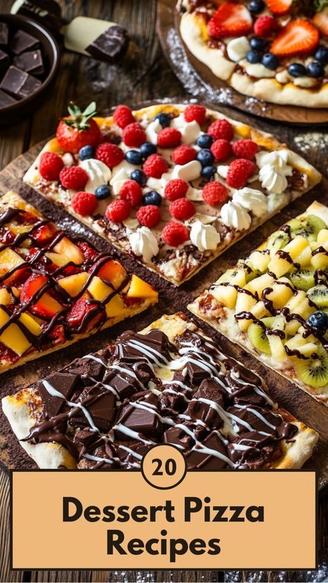 A dessert pizzas topped with various fruits, chocolate, and sweet sauces on a rustic wooden table. Breakfast Pizza Sweet, Dq Treat Pizza, Oreo Fudge Brownie Pizza, Dessert Flatbread Pizza, Fall Dessert Pizza, Brownie Pizza Recipe, Create Your Own Pizza Bar, Sweet Pizza Recipes, Pizza Dough Sweet Desserts