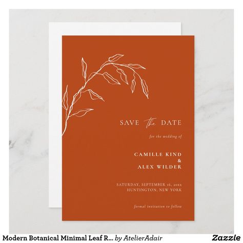 Modern Botanical Minimal Leaf Rust Terracotta Save The Date Botanical Wedding Theme, Cheap Save The Dates, Sienna Orange, Classic Minimalist Style, Save The Date Ideas, Rustic Wedding Save The Dates, Drawn Leaves, Rustic Save The Dates, Modern Save The Dates