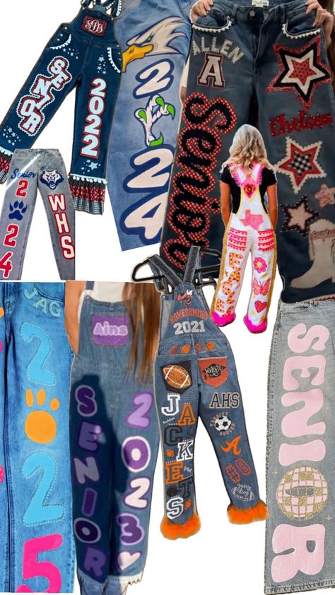 Overalls Spirit Week, Senior Painted Jeans, Senior Year Planning, Senior Pants, Senior Year Diy, Senior Year Things, Senior Jeans, Senior Year Fun, Homecoming Spirit Week