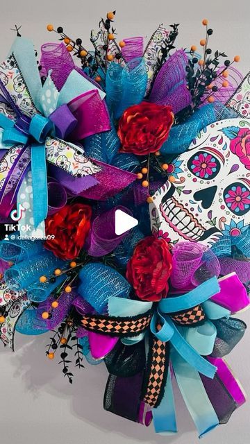 @thecraftymom16 on Instagram: "Day of the dead wreath. #halloweendecor #homedecor #wreathmaking #dayofthedead  https://thecraftymom16.etsy.com/listing/1771589125" Day Of The Dead Wreath, Door Swag, Halloween Door, August 1, Wreath Ideas, How To Make Wreaths, Day Of The Dead, The Dead, Halloween Decorations