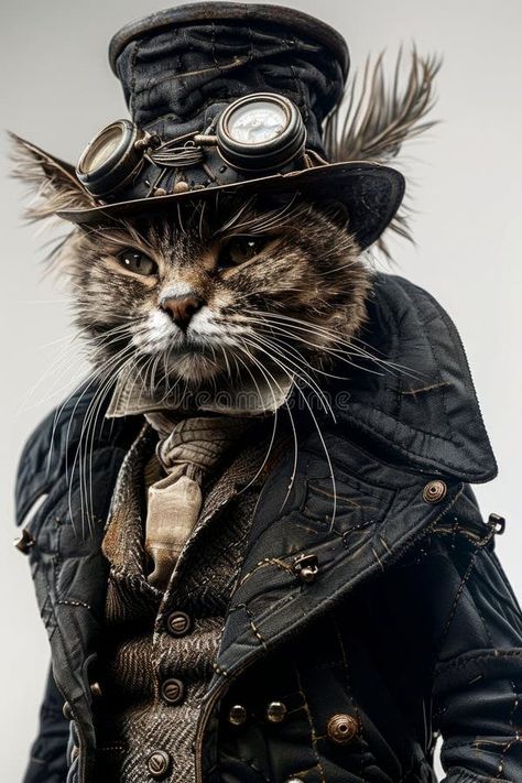 Steampunk Cat in Goggles and Vintage Attire Portrait stock photos Cat Stock Image, Vintage Attire, Steampunk Cat, Vector Poster, Cat Stock, Steampunk Design, Cat Costumes, Cat Art, Goggles