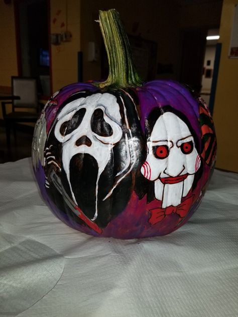 Pumpkin Painting Ideas Creative Hard, Bob Ross Pumpkin Painting, Horror Painted Pumpkin, Chucky Painted Pumpkin, Spooky Pumpkin Painting Ideas Scream, Addams Family Pumpkin Painting, Pumpkin Painting Ideas Horror, Freddy Krueger Pumpkin Painting, Cool Pumpkin Painting Ideas Creative