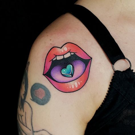 Heart Lip Tattoo, Mouth With Tongue Out Tattoo, Tattoo On Lips Ideas, Traditional Lips Tattoo, Tongue Out Tattoo, Heart Inner Lip Tattoo, Mouth Tattoo Design, Tattoos Of Lips, Tattoo Of Lips