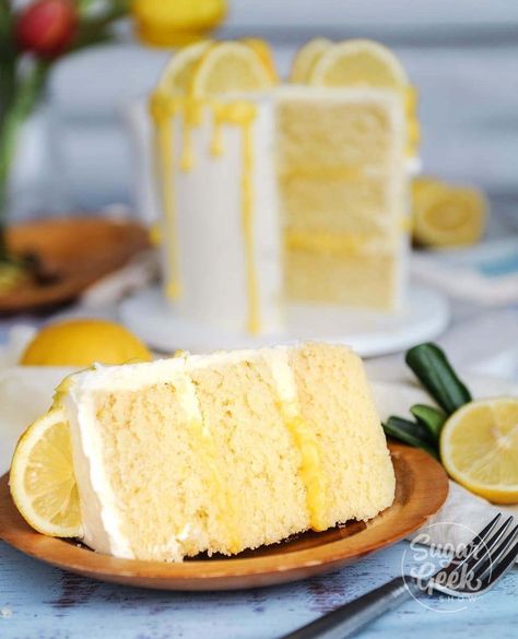 zesty lemon cake with a velvety crumb filled with tart and tangy lemon curd and frosted with creamy buttercream frosting Lemon Wedding Cake, Gluten Free Coconut Cake, Lemon Wedding Cakes, Lemon Velvet Cake, Wedding Cake Recipes, Cake Frosting Recipes, Cake Pan Sizes, Sugar Geek, Whipped Cream Cheese Frosting