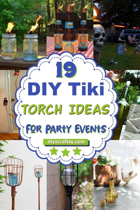 DIY Tiki Torch Diy Tiki Torch Decoration, Tiki Torch Ideas, Diy Tiki Torch, Tiki Torches Diy, Torches Diy, Tiki Bars Diy, Wine Bottle Tiki, Wine Bottle Tiki Torch, Premium Aesthetic