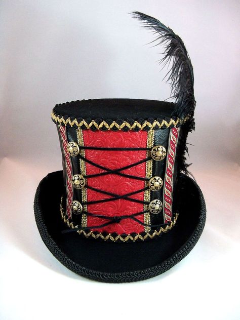 Circus Top Hat, Carnival Barker, Circus Hat, Red Top Hat, Steampunk Circus, Ringmaster Costume, Hat Burning, Circus Outfits, Carnival Outfit