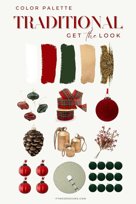 A Guide To The Best Christmas Colors For Your Home Decor | Fynes Designs Traditional Christmas Colors Palette, Red Green Cream Christmas, Farmhouse Christmas Color Palette, Red And Sage Green Christmas Tree, Christmas Ornaments Color Scheme, Christmas Decor Color Palette, Green Red And Gold Christmas Decor, Christmas Decorations Red And Green, Traditional Christmas Color Palette