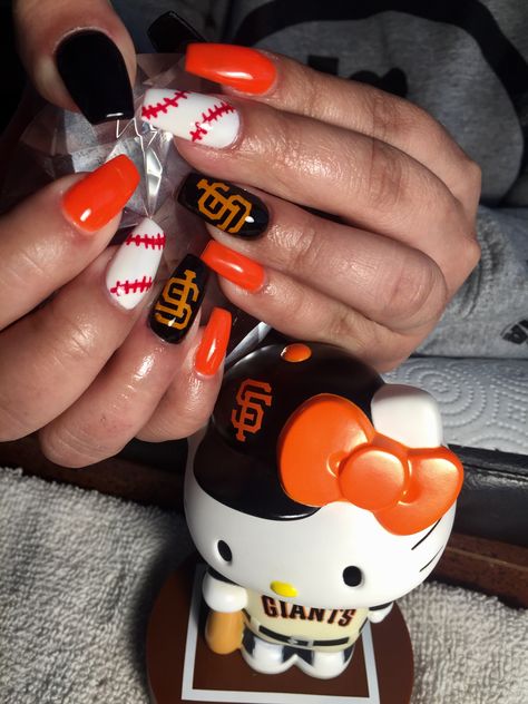 San Francisco Giants Nails Design, Sf Giants Nails Designs, San Francisco Nails, San Francisco Giants Nails, Sf Giants Nails, Bulldog Nails, Giants Nails, Baseball Nail Designs, Xl Nails