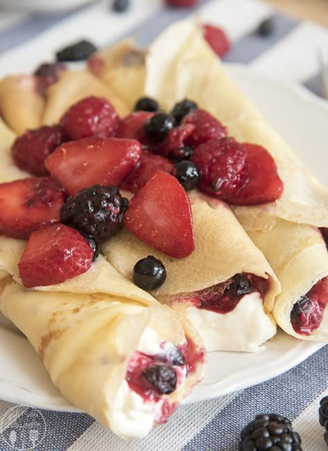 Berries and Cream Crepes - These amazing crepes are filled with a cheesecake like filling, and sweet juicy berries for a decadent breakfast or dessert Cream Crepes, Dessert Crepes, Berries And Cream, Crepe Recipe, Sweet Crepes, Seabrook Island, Xmas 2022, Crepe Maker, Mini Dessert