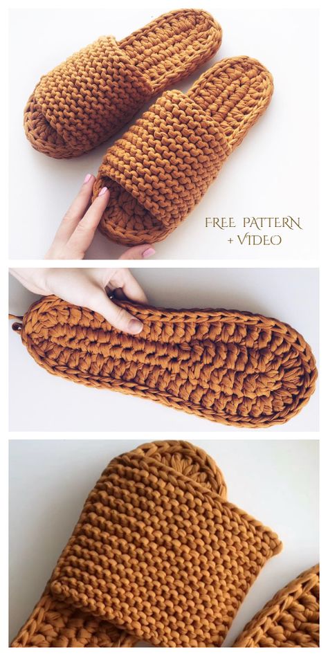 Chunky T-shirt Yarn Slippers Free Crochet Pattern + Video - DIY Magazine Yarn Slippers, Diy Crochet Slippers, Crocheted Slippers, Slipper Pattern, Crochet Slipper, Crochet Slippers Free Pattern, Crochet Shoes Pattern, Elegant Crochet, Diy Slippers