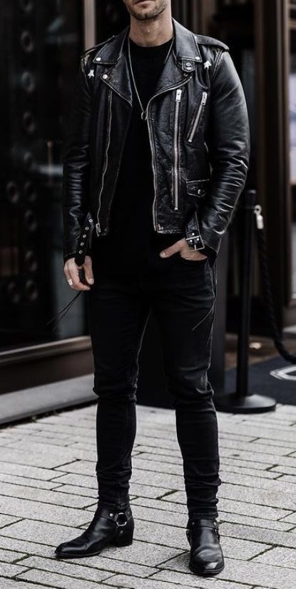 Biker Outfit Men, Bad Boy Outfits, Black Leather Jacket Outfit, Men's Leather Jackets, Rock Style Men, Leather Jacket Outfit Men, Black Outfit Men, Black Biker Jacket, Biker Outfit