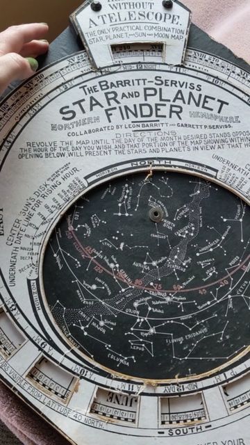 Abby | The Lunatics Project on Instagram: "This is the Barritt-Serviss Star and Planter Finder from 1906, making it 116 years old. It was handed down within my family. You can see the instructions for use along the edges. It also says "The Heavens Without a Telescope. The Only Practical Combination Star, Planet, and Sun and Moon Map." This device is called a volvelle, or a chart made of paper that rotates. #barrittserviss #starandplanetfinder #history #antiques #volvelle #antiquevolvelle #ant Antique Star Map, Celestial Inspiration, Diy Pop Up Book, Moon Map, Star Charts, Diy Pop, Star Chart, Dark Sky, Star Map