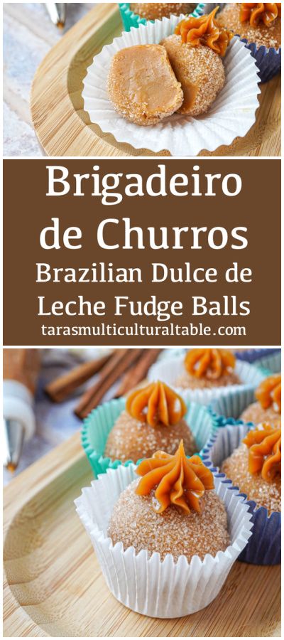 A recipe for Brigadeiro de Churros (Brazilian Dulce de Leche Fudge Balls)- Tara's Multicultural Table- Sweetened condensed milk is simmered with butter and dulce de leche until thickened, then rolled in cinnamon sugar. Vanilla Brigadeiro Recipe, Coconut Brigadeiro Recipe, Brazil Dessert Recipes, Brazilian Chocolate Balls, Recipes Using Dulce De Leche Condensed Milk, Brazilian Dessert Recipes, Mexican Truffles, Brazilian Cookies, Brazilian Recipes Dessert