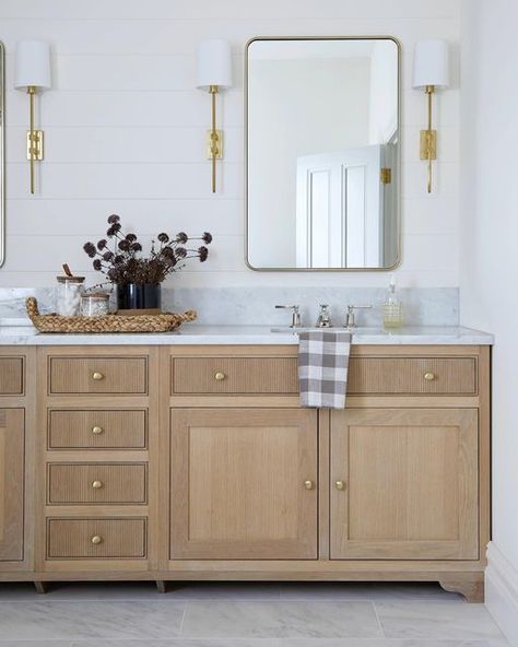 Built In Bathroom Vanity, Oak Vanity Bathroom, Reeded Vanity, Room Vanity Ideas, Oak Bathroom Vanity, Guest Bathroom Remodel, Master Bath Vanity, Custom Bathroom Vanity, Master Bath Remodel