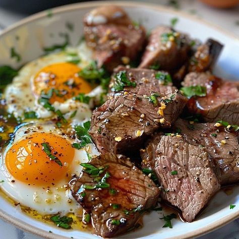 Garlic Steak Bites and Eggs Steak Bites And Eggs, Leftover Steak And Eggs, Steak Bites And Mac And Cheese, Keto Steak And Eggs, Steak And Eggs Dinner, Garlic Steak Bites, Dessert Salad Recipes, Steak Breakfast, Eggs Dinner