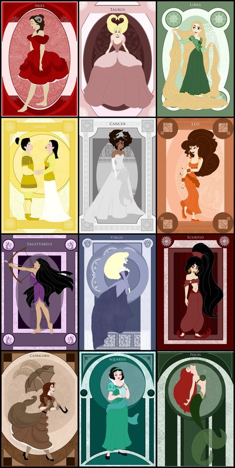 Disney Princess Zodiac Disney Princess Zodiac Signs, Disney Princess Zodiac, Tinkerbell Characters, Disney Zodiac, 30 Day Art Challenge, Zodiac Signs Pictures, Zodiac Characters, Tumblr Drawings, Loki Fanart