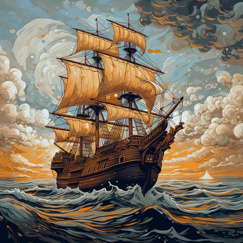 Buy Captivating Digital Oil Painting: Sail Ships in Stunning Artistry Online in India - Etsy Sailing Ships Art, Ships Painting, Ship Wallpaper, Painting Ship, Boats Painting, Ship Illustration, Sail Ships, Navi A Vela, Digital Oil Painting