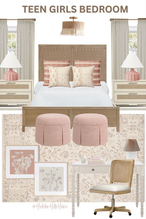 Cute pink and beige teen girls bedroom decor mood board featuring a cane bed! Pink White And Oak Bedroom, Tan And Beige Bedroom, Teen Bedroom Mood Board, Beige Pink Room, Pink And Tan Bedroom, Khloe Bedroom, Girls Bedroom Mood Board, Contemporary Moodboard, Pink And Beige Bedroom