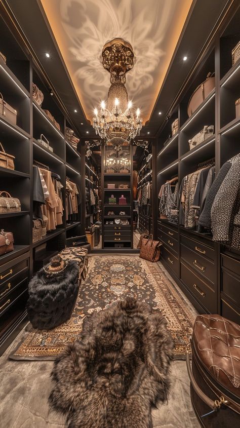 Elegant Closet Interior: Luxurious walk-in closet featuring opulent lighting, plush rugs, and an exquisite collection of garments. #closet #luxury #opulence #chandelier #fur rug #aiart #aiphoto #stockcake ⬇️ Download and 📝 Prompt 👉 https://ayr.app/l/CwPU Rich Closet Luxury, Penthouse Walk In Closet, Luxury Walk In Closet Women, Walk In Closet Luxury, Elegant Closet, Luxurious Walk In Closet, Closet Interior, Broken Pencil, Closet Luxury