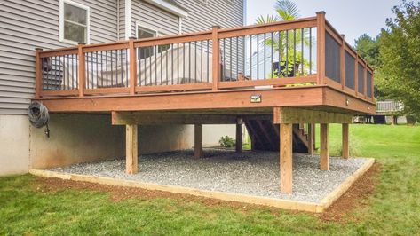 Patio Under Decks, High Deck, Pea Gravel Patio, Under Deck, Low Deck, Gravel Patio, Stone Landscaping, Floating Deck, Landscape Stone