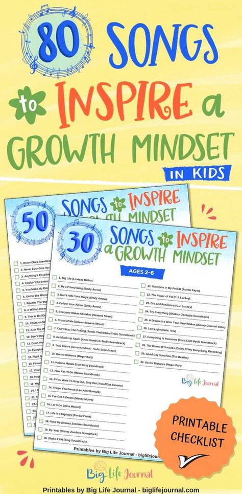 Grab our list of songs (broken down by age) to inspire a growth mindset in your child or students. This handy printable list is great to keep on hand at home, in the car, or in the classroom. Sign up to get your FREE printable! Growth Mindset Resources, Growth Mindset For Kids, Teaching Growth Mindset, Growth Mindset Classroom, Mindset Activities, Growth Mindset Activities, Motivational Songs, Growth Mindset Quotes, Life Journal