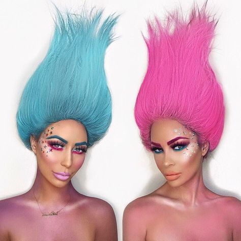 Trolls Halloween Makeup & hair Troll Makeup Ideas, Trolls Makeup Ideas, Trolls Face Paint, Trolls Makeup, Poppy Makeup Trolls, Viva Costume Trolls, Poppy Costume Diy, Trolls Costume Adult, Trolls Adult Costume