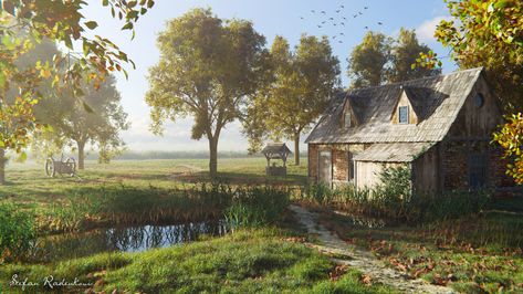 ArtStation - Medieval Farmhouse, Stefan Radenkovic Medieval Farmhouse, Medieval Farm, Medieval Cottage, Morning Autumn, Abandoned Farmhouse, Apocalypse Aesthetic, Old Abandoned Houses, Farm Art, Fantasy Places