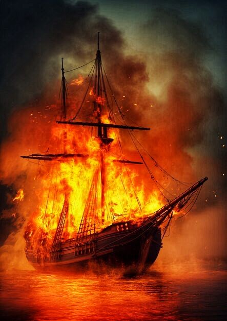 Burning Pirate Ship, Burn The Ships For King And Country, Pirate Ship On Fire, Burning Ship Tattoo, Burn The Ship Tattoo, Ship On Fire, Burning Ship, Burn The Boats, Cool Dragon Drawings