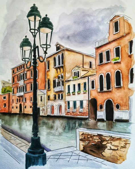 Urban Watercolor Paintings, Italian Watercolor Painting, Watercolor Art Architecture, Venice Drawing, Architecture Watercolor, Old Pages, Old Architecture, Realistic Illustration, Drawing Scenery