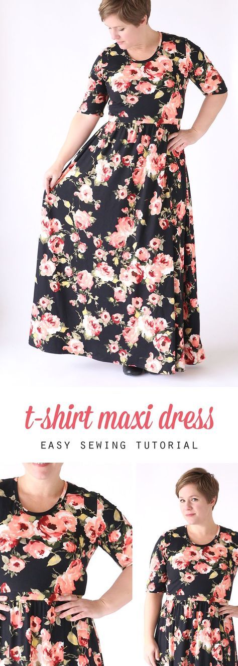 how to make a pretty maxi dress using a free classic tee shirt pattern - easy sewing tutorial Pretty Maxi Dress, Free Sewing Tutorials, Sewing Tutorials Free, Beginner Sewing Projects Easy, Sew Ins, Free Sewing Patterns, Things To Sew, Tshirt Pattern, Maxi Shirt Dress