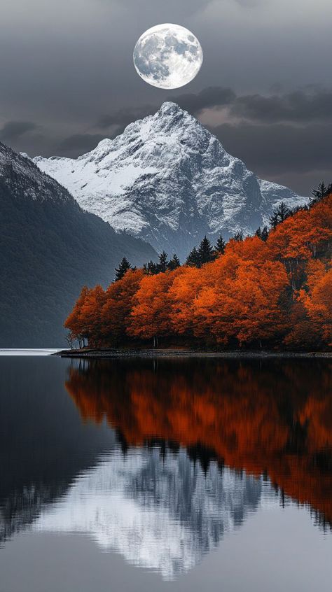 Prompt 👉a full moon rising over a mountain next to a lake, a matte painting, by irakli nadar, golden autumn, orange grey white, with snow on its peak, award - winning photo. ”, breath - taking beautiful trees, mobile wallpaper, norway mountains, new zealand, very very very beautiful scenery, white and orange 👉 if Like, please Follow and Share AI Graphics Studio 👇Contact on WhatsAPP: http://tiny.cc/aigraphicsstudio #aigraphicsstudio #AI #DigitalMarketing #digitalartist #digitalart #digital #... Moon And Snow, Irakli Nadar, Norway Mountains, Moon And Mountains, Creative Composition, Canada Snow, Rising Moon, Composition Painting, Full Moon Rising