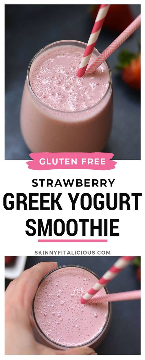 100 Calorie Strawberry Greek Yogurt Smoothie! #smoothie #lowcalorie #highprotein #Greekyogurt #strawberry #100calorie #glutenfree #skinnyfitalicious Breakfast Smoothie With Yogurt, Greek Yogurt Peanut Butter Smoothie, Healthy Smoothies With Greek Yogurt, Low Calorie High Protein Smoothie Recipes, Low Cal Smoothies 100 Calories, Healthy Yogurt Smoothies, 100 Cal Smoothie, Protein Smoothie With Yogurt, Protein Smoothie With Greek Yogurt